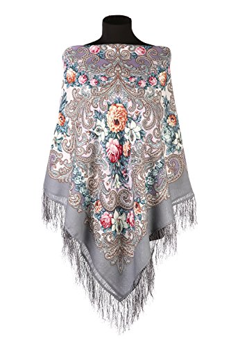 Tuch Trachtentuch grau 125 x 125 aus Wolle mit Fransen aus Seide - edle russische Wolltuch - Pawlow Possad - Stola - Kopftuch - Original - Павлопосадский шерстяной платок с шелковой бахромой - 607