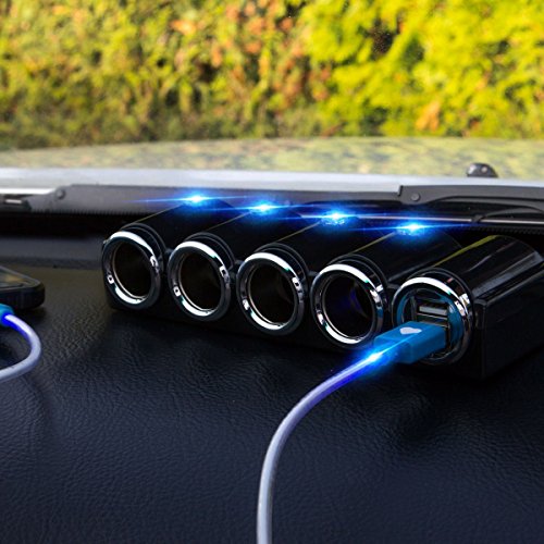 KFZ 12V/24V Auto Verteiler 6 Fach – 4x Zigarettenanzünder Adapter mit 2x USB Ladegerät 120W + Kabel 2in1 microUSB/Lightning für Handy Smartphone GPS Navigation – Ladesteckdosen LED - 4