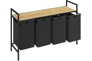 STEELSØN Rigil Wäschesammler 4 Fächer – Wäschekorb mit 1 Bambus Ablage – 4x 40 L Wäscheboxen in schwarz – Metall Wäschesortierer – ausziehbare & herausnehmbare Wäschesäcke – Schmutzwäschebehälter