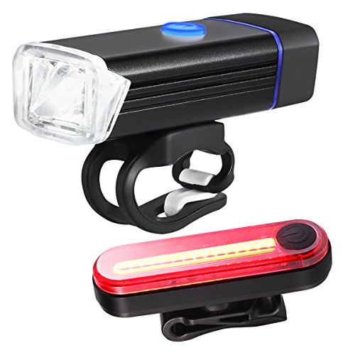 Amir LED Fahrradbeleuchtung, USB Fahrradlicht Sets, 5W LED 245 Lumen Aufladbare vorderes Licht-Scheinwerfer und 15 LED Heck Back Light, IPX-6 Wasserdicht Mit 4 Modi 6 Helligkeit für Berg-Radfahren, Camping und täglichen Gebrauch