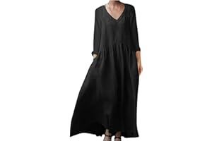 ZEIAYUAS Summer Maxi Dresses for Women UK Plus Size Italian Linen Dresses Solid Pleated Tunic Dresses Long Sleeve V Neck Casual Dresses Elegant Baggy Pullover Dresses with Pocket Party Dresses