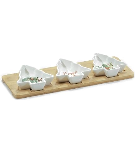 Antipastiera Natalizia A 2 Posti - Ciotole Ceramica Albero Di Natale, Base Bambù, Regalo Idea