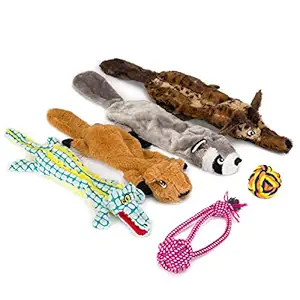 AZSSMUK Dog Squeaky Toys, No Stuffing Plush Dog Toy Set - Durable Washable Pet Dog Rope Chew Teething & Cute Animals Natural Puppy Toys for Small Medium Large Dogs-Pack of 6
