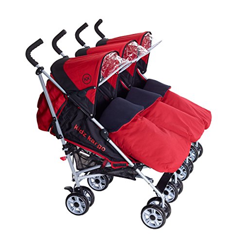 Triple buggies stroller Berry Red buggy pushchair for 3 toddlers or 3 Newborn babies with 3 Red Footmuffs