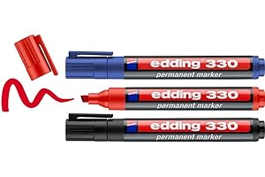 edding 330 marcador permanente - negro, rojo, azul - 3 rotuladores- punta biselada 1-5 mm - resistente al agua, de secado rápido, rotuladores indelebles - para cartón, plástico, vidrio, madera, metal