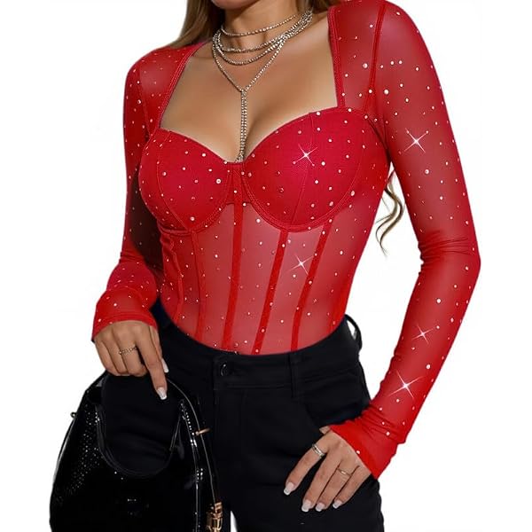 Glitzer Body Damen Sexy Sheer Mesh Langarm Strass B Produktbild-Vorschau 6