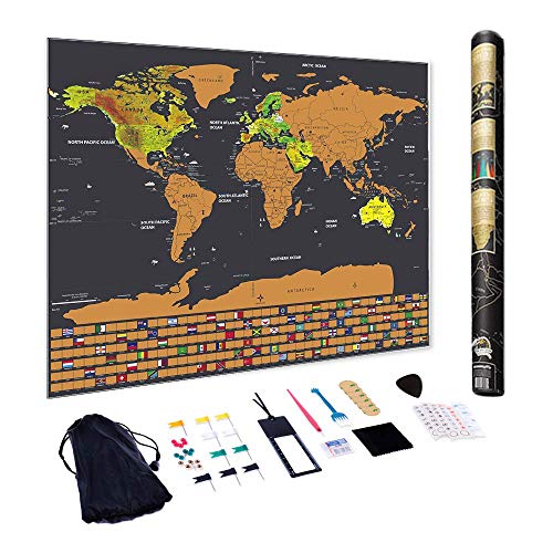 Scratch of Map Off The World, Scratchable Travel Wall Art, Large World Map Poster, 33 x 24 Inches | Vintage Map, Travel Tracker w/US State & Country Flags - Memory Stickers, Magnifier & Scratch