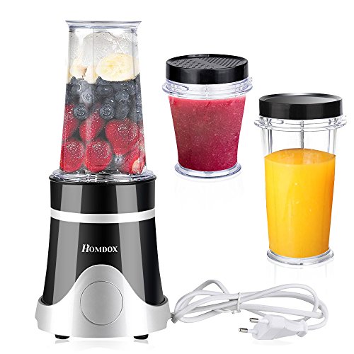 Homdox Mini Mixer Smoothie, 4 Edelstahlmesser mit Saftbecher, Grinding Cup, Seal Ice Cup und 2 Spare Lids, Standmixer Set 250W - 2