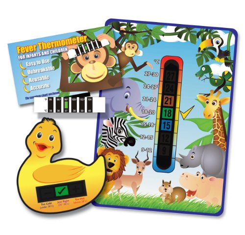 Pack of 'Happy Family' Jungle Animals Nursery and Room Thermometer, Duck Bath Thermometer and Monkey Forehead Thermometer for Baby/Child
