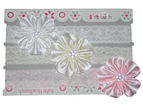 GIRLS BABY FLOWER HEADBAND SET OF 3 (Pink Cream White)