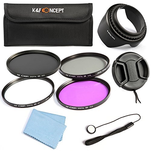 K F Concept 62mm UV CPL FLD ND4 Lens Accessory Filter Kit UV Protector Circular Polarizing Filter Neutral Density Filter for Nikon D5300 D6200 D5100 D3300 D3200 D3100 DSLR Cameras   Cleaning Pen   Flower Petal Lens Hood   Center Pinch Lens Cap   Cap Keeper   Filter Pouch