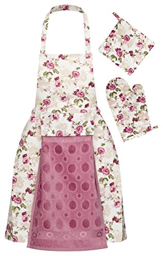 Handtuchschürze! 3-teiliges Schürzen-Set; Kochschürze mit Handtuch, Ofenhandschuh und Topflappen (Rosa)