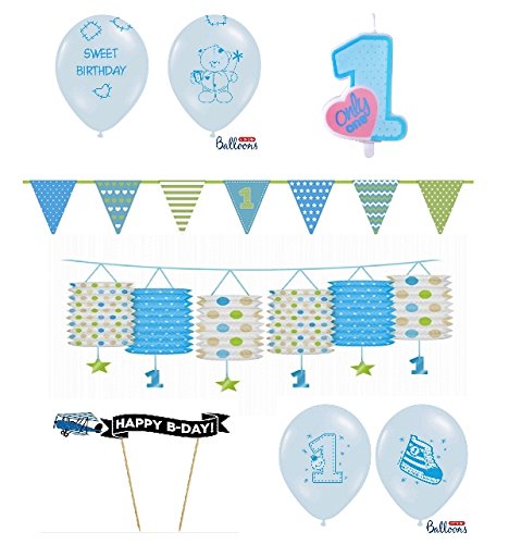 FesteFeiern Kinder-Geburtstagsdeko erster (1.) Geburtstag für Jungen 8 Teile im Set, verschiedene Blautöne