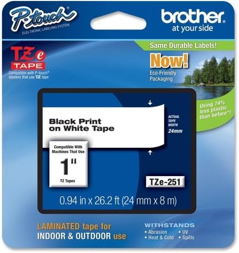Genuine Brother TZe-251 Black On White Laminated P-Touch Labelling Tape 24mm x 8m