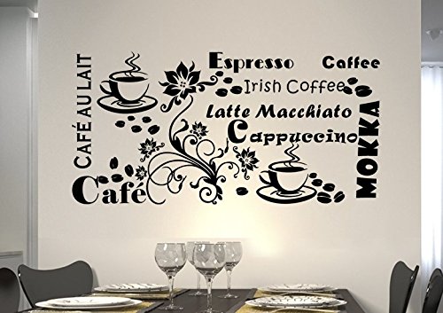 Wandtattoo wandaufkleber Aufkleber Wandsticker wall sticker Wohnzimmer Schlafzimmer Kinderzimmer KÜCHE 30 Farben zur Wahl Wandtext Wandwort Wandspruch spruch Zitat Küche Schriftzug CAFE COFFEE KAFFEE KÜCHE blume Ranke wkf02(070 schwarz, Größe3:ca.120x59cm )