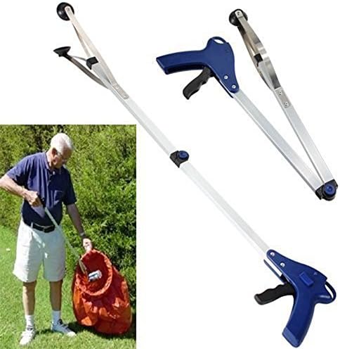 DORABO Lightweight Folding Trash Clip, Foldable Easy Reach Pick Up Long Arm Gripper Grabber Helping Hand Tool, Aluminum Telescopic Pick Up Objects Long Hand Grabber Reaching Aid Tool (Blue)