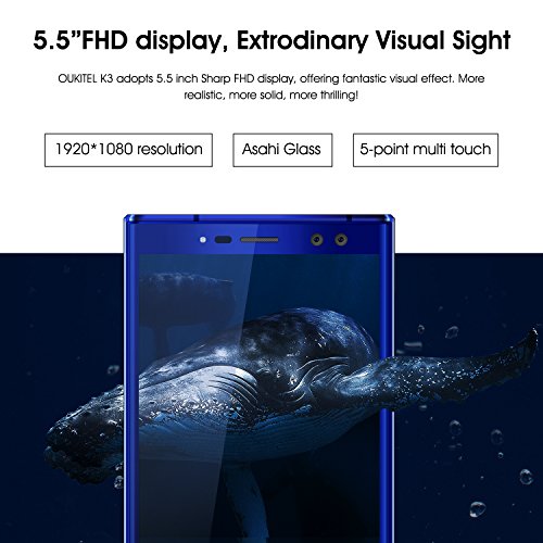 Oukitel K3 4 Kameras Handy Ohne Vertrag 6000mAh Akku 5.5 Zoll Touch-Display 1920*1080pixel Double (16MP+2MP) 64GB Interner Speicher 4GB Ram Octa Core 4G Dual SIM Smartphone Fingerabdruck-Blau