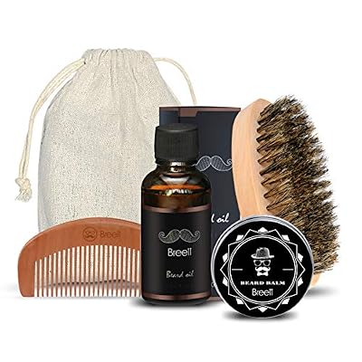 iFanze Kit Barbe pour la Barbe Beauté, une Brosse Barbe en soie de porc, une Peigne de Barbe en bois naturel pur, une Huile de Barbe et une Pommade de Barbe