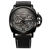 ManChDa Männer Automatische Mechanische Schwarzes Leder Uhr Perspektive Raster Zifferblatt + Geschenk-Box