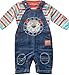 0-3 months - Baby Boys Gorgeous Blue Lion Lined Denim Dungarees with Multi-coloured Striped Long-sleeved Top Outfit