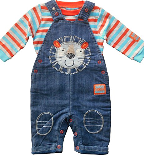 0-3 months - Baby Boys Gorgeous Blue Lion Lined Denim Dungarees with Multi-coloured Striped Long-sleeved Top Outfit