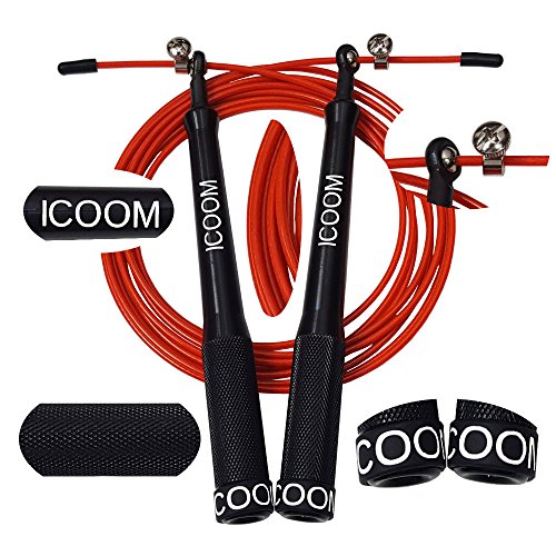 ICOOM Corde à Sauter Premium Poignées ergonomiques antidérapantes en Aluminium dotées de roulements à Billes en Acier avec câble Acier Haute Vitesse réglable pour Vos entraînements - Garantie À Vie