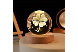 BESOT 60mm 3D Laser Earth Trébol de Cuatro Hojas Grabado Bola de Cristal de Rose Miniatura Flor Globo Esfera de Cristal Decoración del Hogar Ornamento (80mm Trébol)