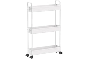 GENERISCH Rollwagen Küchenwagen Schmal Aufbewahrungswagen 3 Stöckiger Nischenwagen Servierwagen Kosmetikwagen mit Rollen und 9 Haken Schmales Nischenregal für Bad Küche Wohnzimmer Büro Waschküche Balkon (Weiß)