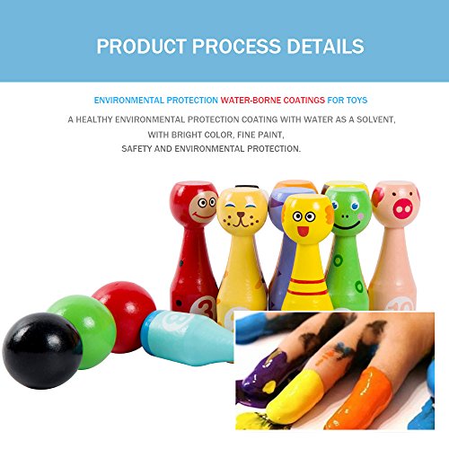 MXtechnic Wooden Bowling Ball with Numbers ,Cute Cartoon Animal Multicolor Skittles Set Sport Toys for Baby Infant Kids --MINI Edition (10 Pins + 3 Balls) (Wooden Bowling Ball)