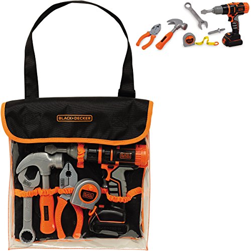 Preisvergleich Produktbild Black+Decker Kinder Stoff-Werkzeugtasche mit 4 Werkzeugen und Akkuschrauber: Tasche Spielzeug Kinder Werkzeug für Kinderwerkbank
