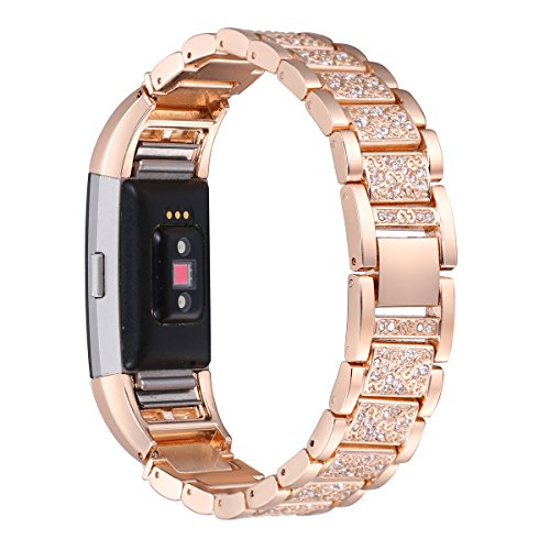 bayite For Fitbit Charge 2, Replacement Metal Bands with Rhinestone Adjustable Fitbit Charge 2 Bands Rose Gold Bracelet