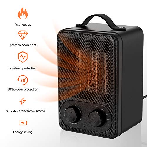 Calefactor Eléctrico Portátil Calentador 1800W / 900W Calefactor de Aire Caliente Termoventiladores de Ventilador Calentador de Cerámica de PTC para Hogar y Oficina Protección del Sobrecalentamiento