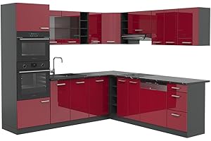 Vicco Cuisine en Angle R-Line, Rouge Brillant/Anthracite, 247x60cm, PT Anthracite