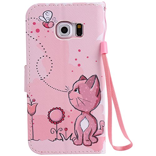 Feeltech Samsung Galaxy S6 Edge Hülle PU-Leder und Brieftasche Bunte Muster Fall mit Magnetverschluss, Hybrid-Kickstand mit Stand-Funktion, schlagen Sie schützende weiche TPU Stoßstangenabdeckung und Kreditkartenhalter für Samsung Galaxy S6 Edge Handgelenk Bügel-Buch-Art-Geldbeutel-Tasche mit 2 In 1 Berühren Sie Stift – Rosa Katze - 3