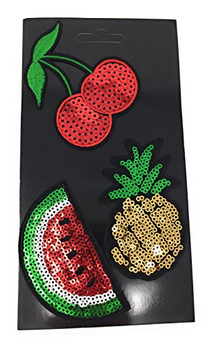 Gestickte Aufbügel-Patches 3er Set Aufnäher Kirsche, Ananas, Wassermelone