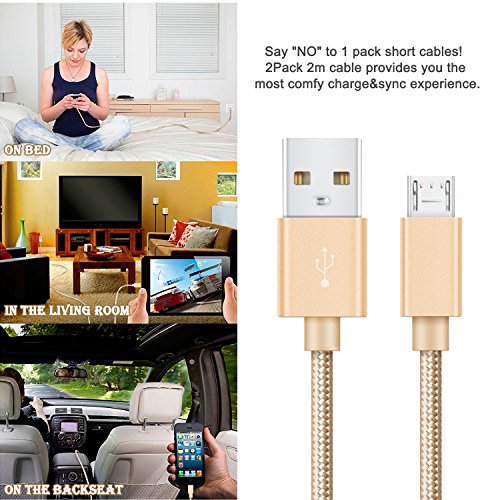 Budget&Good Micro USB Nylon Kabel High Speed USB 2.0 Nylon geflochtenes Datenkabel Ladekabel für Android, Samsung, HTC, Motorola, Nokia, LG, HP, Sony, Blackberry 2Pack 2M—Gold - 6