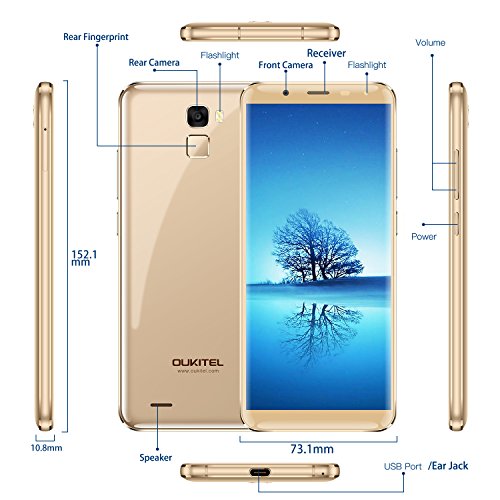 Oukitel K5000 4G Smartphone mit Dual SIM Ohne Vertrag 5.7 Zoll (18:9 Display) 5000 mA/h Akku 64 GB Interner Speicher 4 GB RAM 16 MP Hauptkamera 21 MP Frontkamera Android 7-Gold