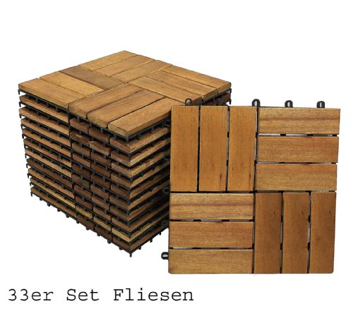 Preisvergleich Produktbild Giomoebel® 33er Set Holzfliesen für 3m², Variante 2, Hartholzfliesen aus Akazienholz, Hartholz Fliesen für Balkon Garten Terrasse, Klicksystem, Holz-Fliesen mit Drainage, Mosaik