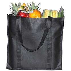 YBCPACK Lot de 6 sacs fourre-tout réutilisables avec poignées, sacs de courses non tissés Capacité : 20 kg - Extra large et durable - sacs de courses pliables (noir, 38,1 x 25,4 x 35,6 cm)