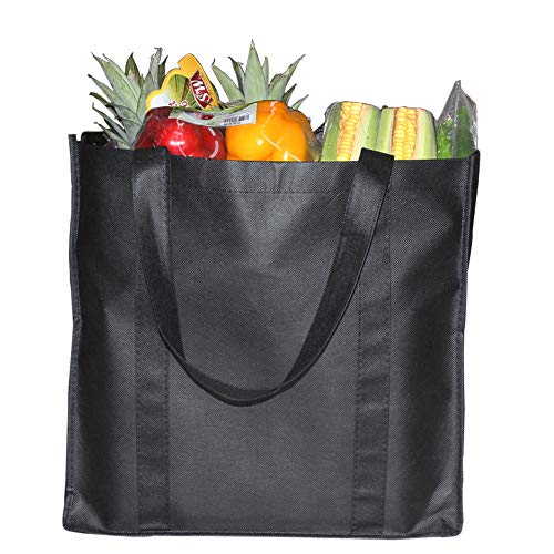 YBCPACK Lot de 6 sacs fourre-tout réutilisables avec poignées, sacs de courses non tissés Capacité : 20 kg - Extra large et durable - sacs de courses pliables (noir, 38,1 x 25,4 x 35,6 cm)