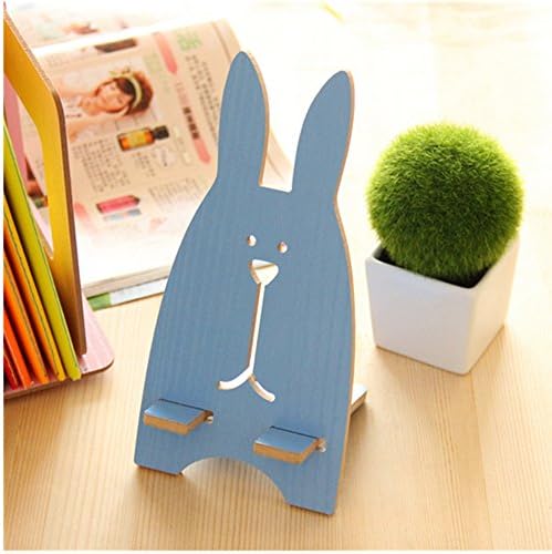 OFT Cute Rabbit Wooden Desk Station Mobile Phone Stand Mount Holder for All Smart Phones (Blue)