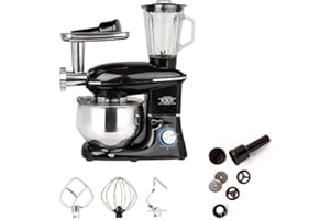 A.M.C. AMC Robot da cucina multifunzione 3 in 1 impastatrice planetaria, mixer frullatore, tritatutto capienza 6,5 litri 2120W extra potente, trita carne accessori inclusi (Nero)