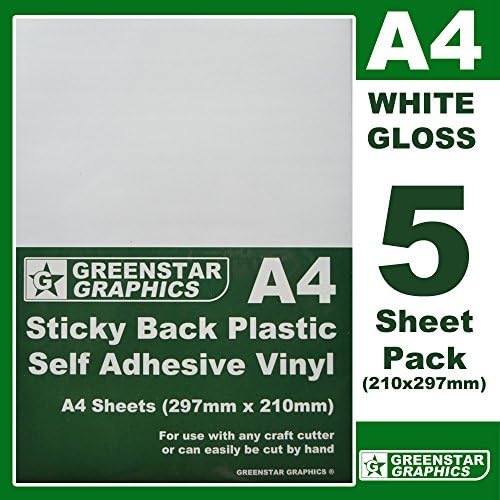 GREENSTAR GRAPHICS ® 5 SHEET PACK - A4 Sticky Back Plastic (self adhesive vinyl) Great for hobbies and crafts. Use with silhoutte cameo / curio / portrait craft cutters / scan n cut / craft robo (A4 WHITE GLOSS x 5)