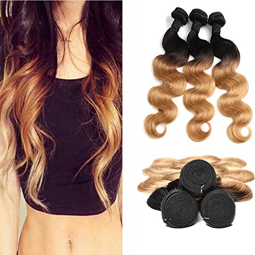 Meche Bresiliennes Blonde Ombre Honey Golden 1B 27 Body Wave Human Hair Cheveux Bouclés Naturel 3 Bundles (20 22 24 Inches)