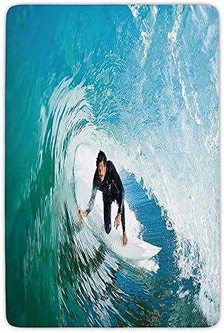 Bathroom Bath Rug Kitchen Floor Mat Carpet,Ride The Wave,Surfer inside Ocean Wave Adventure Adrenalin Energy Sea Sports Picture Decorative,Sky Blue White,Flannel Microfiber Non-slip Soft Absorbent