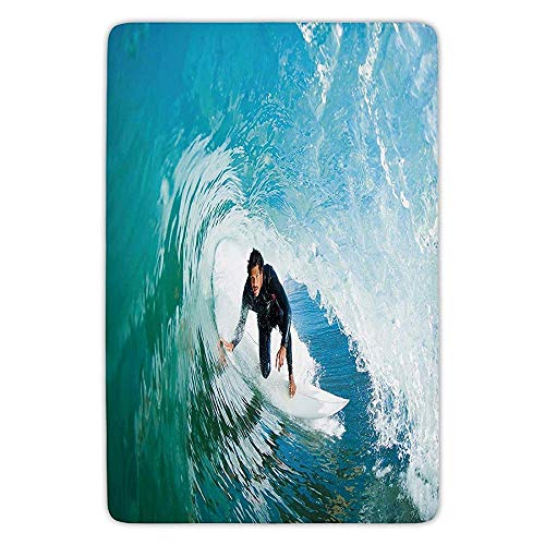 Bathroom Bath Rug Kitchen Floor Mat Carpet,Ride The Wave,Surfer inside Ocean Wave Adventure Adrenalin Energy Sea Sports Picture Decorative,Sky Blue White,Flannel Microfiber Non-slip Soft Absorbent