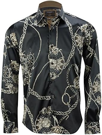 Mens Designer Gold Black Printed Italian Style Smart Casual Slim Fit Shirt