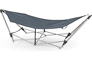 ‎HOBERG Hoberg Hängematte mit klappbarem Gestell | Mit Tragetasche einfach zu transportieren und Befestigungsbändern für leichten Einstieg | Belastbar bis 110 kg | Ausgeklappt ca. 241 x 70 x 76 cm