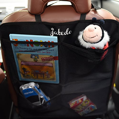 jatedo Rücksitz-Autotasche Kinder, Rückenlehnentasche Auto (4 extra große einzelne Taschen, leicht zugänglich, schwarz) | Auto-Rückenlehnenschutz | Rücksitztasche Auto Kinder | Autositz-Schutz Kinder + Autositz-Tasche - 2