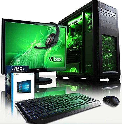 VIBOX Centre Komplett-PC Paket 4.287 Gaming PC - 4,2GHz AMD FX Quad-Core Prozessor, GTX 1050 GPU, Super, Wassergekühlter Desktop Gamer Computer mit Spielgutschein, 22" HD Monitor, Gamer Tastatur & Mouse, Windows 10, Grün Innenbeleuchtung, lebenslange Garantie* (4,2GHz übertakteter Superschneller AMD FX 4300 Quad-Core Prozessor CPU, Nvidia GeForce GTX 1050 2GB Grafikkarte GPU, 32GB Team Elite 1600MHz RAM, 120GB SSD, 3TB Festplatte, Raijintek Triton Wasserkühler, Phanteks Gehäuse)